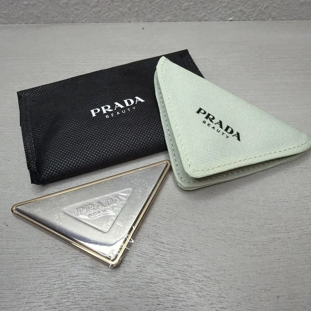 Prada Beauty Gold + Silver Folding Double Mirror Compact W/ Mint Green Pouch New